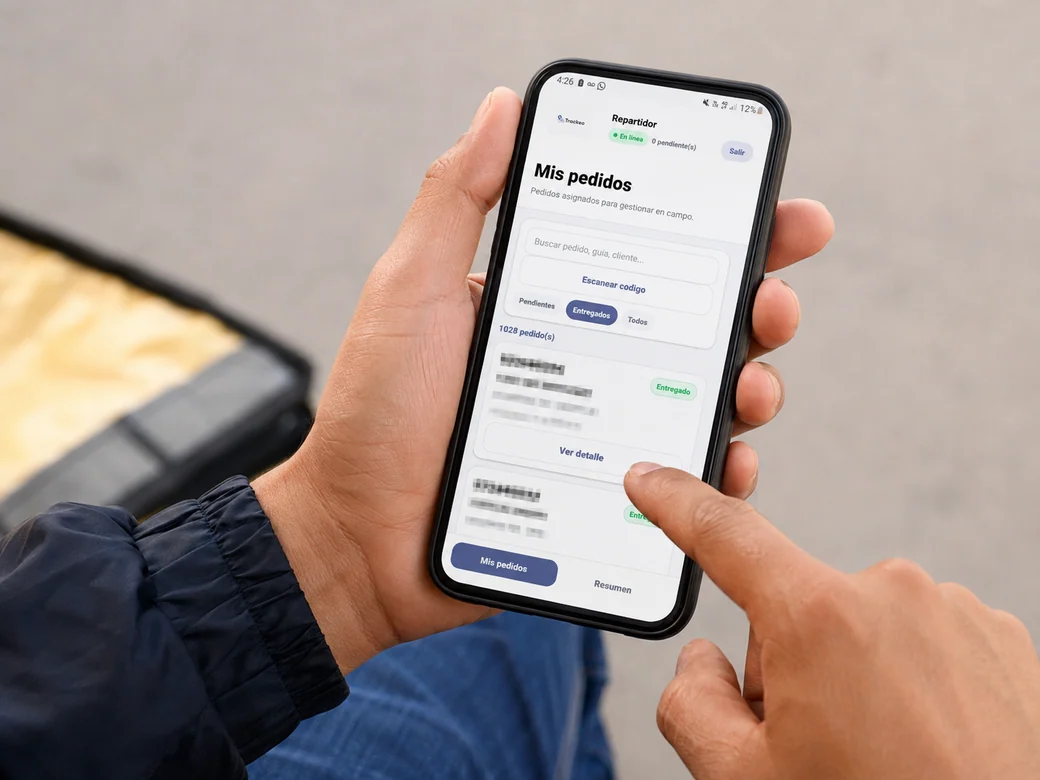 Repartidor usando Trackeo para buscar y confirmar sus pedidos desde el celular
